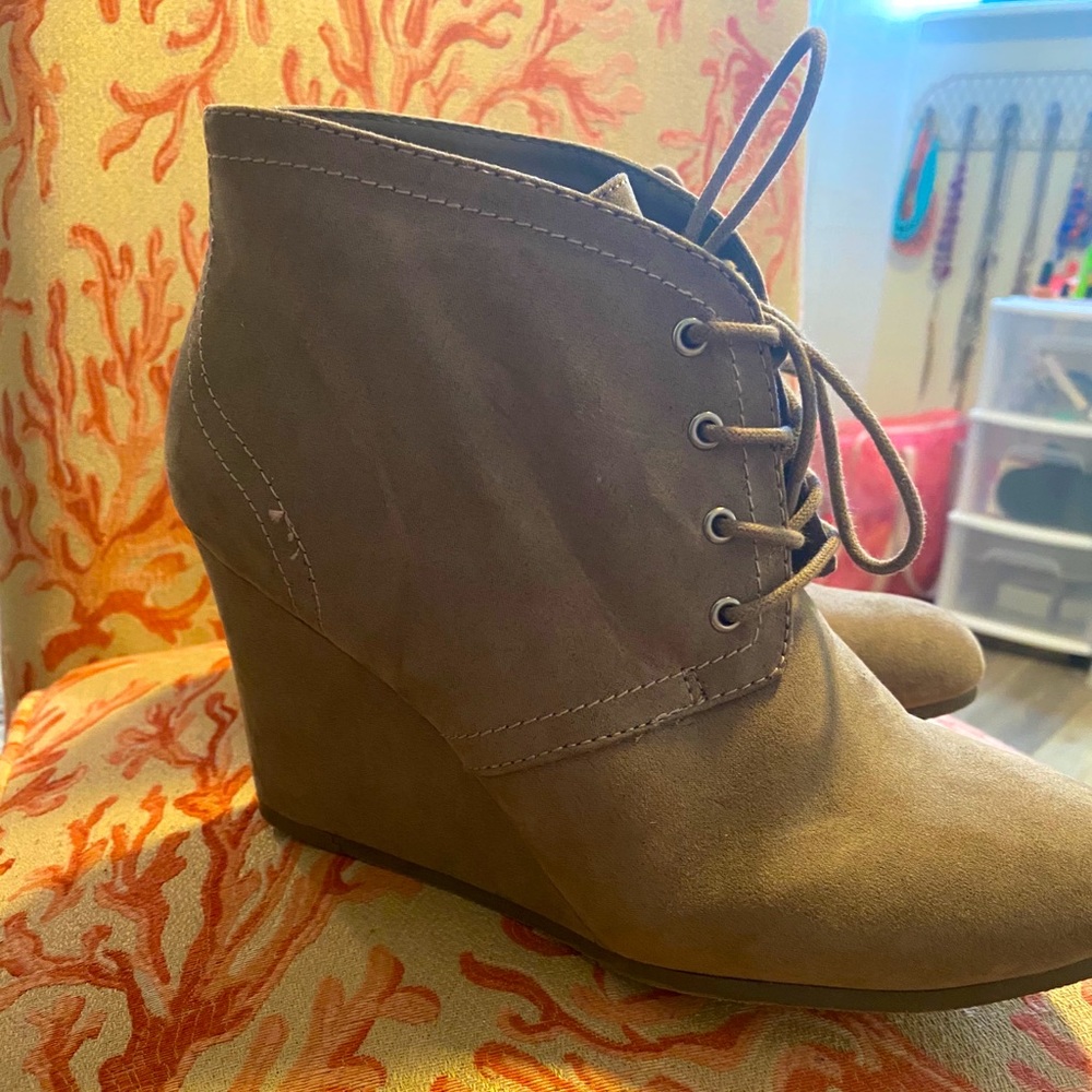 Tan wedge booties